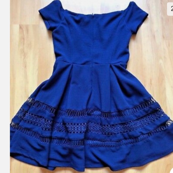 Francesca's Blue Alaina Off Shoulder A Line Crochet Detail Mini Dress - Large - Picture 2 of 5